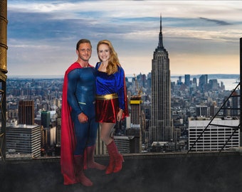 Fondo de cosplay de superhéroe, azotea de la ciudad de Nueva York, fondo digital para retratos compuestos de superhéroes, fondo con horizonte de Manhattan