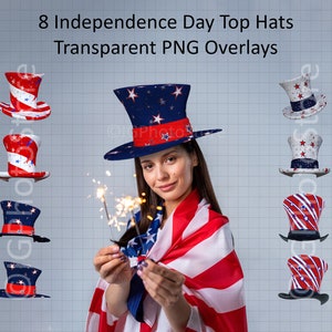 4th July Top Hat Digital Overlays, Independence Day Celebration Hats for Composite Portraits, PNG Stars and Stripes Top Hats, Patriotic Hats