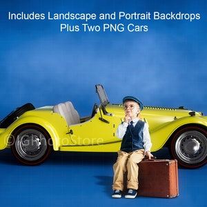 Vintage Yellow Sports Car Layered Digital Backdrop Set, Retro Convertible Car in Studio Digital Background, Portrait Backdrop, Old Car PNGs