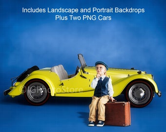 Vintage Yellow Sports Car Layered Digital Backdrop Set, Retro Convertible Car in Studio Digital Background, Portrait Backdrop, Old Car PNGs