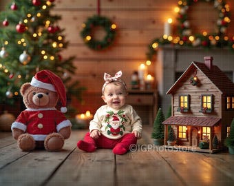 Rustic Christmas Digital Photo Backdrop for Babies and Small Children, Festive Kids Holiday Background