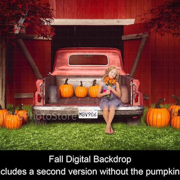 Old Vintage Truck by Red Barn Digital Backdrop, Halloween Background, Pumpkin Backdrop, Autumn Background for Portrait Photography