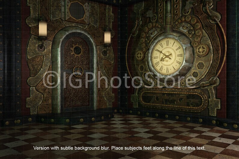 May include: A steampunk-style room with a large clock face and intricate gears. The room has a chequered floor and two ornate doorways.