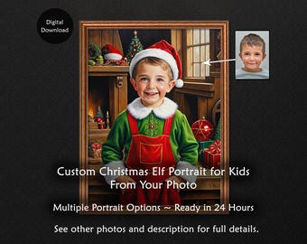 Custom Christmas Elf Portrait For Kids, Digital Painting From Photos, Personalized Printable Art