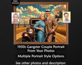 Custom 1930s Gangster Couple Portrait, Personalized Bonnie and Clyde Photo Art (Digital Download)