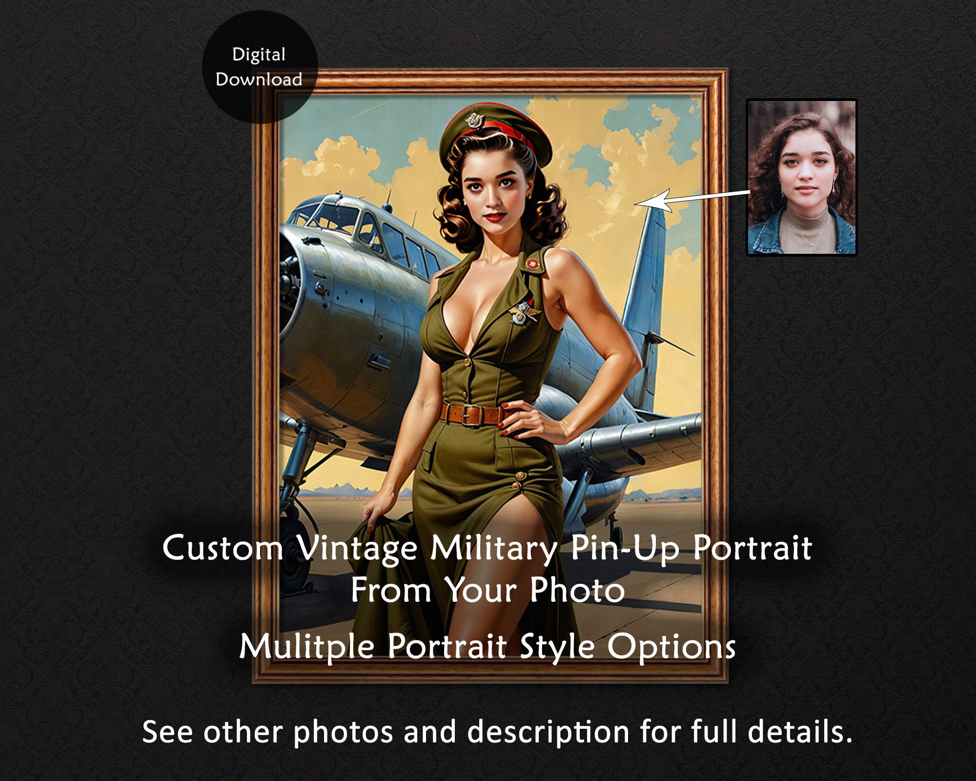 Retro Military Pinup Portrait From Photo, Custom Portrait for Him, Personalized Gift for Husband / Boyfriend