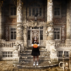 Halloween Horror Digital Background, Creepy Haunted Mansion House Digital Backdrop, Witch Cosplay Background
