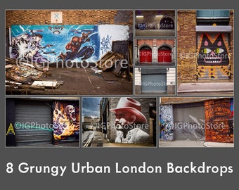 8 Grungy Urban London Digital Backdrops, Graffiti, Street Art, Portrait Backgrounds, Senior Portrait Backdrops, Fashion Photo Backgrounds