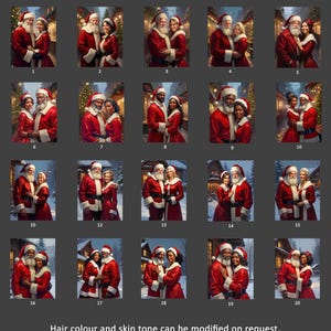 May include: A grid of 20 portrait options featuring couples dressed as Santa Claus and Mrs. Claus. The couples are in various poses, with different skin tones and hair colors. Text reads: "Choose one of the portrait options." and "Hair colour and skin tone can be modified on request."
