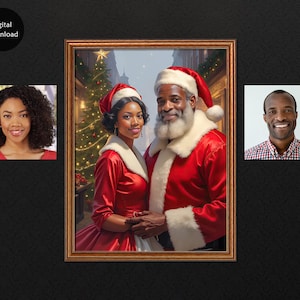 May include: A framed portrait of a couple dressed as Santa Claus, with a Christmas tree in the background. The image is surrounded by two smaller portraits of individuals. The words "Digital Download" are in the upper left corner.