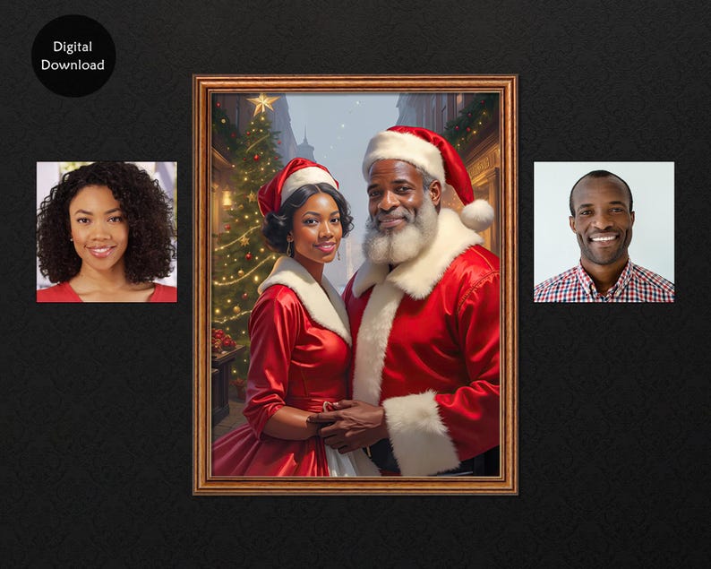 May include: A framed portrait of a couple dressed as Santa Claus, with a Christmas tree in the background. The image is surrounded by two smaller portraits of individuals. The words "Digital Download" are in the upper left corner.