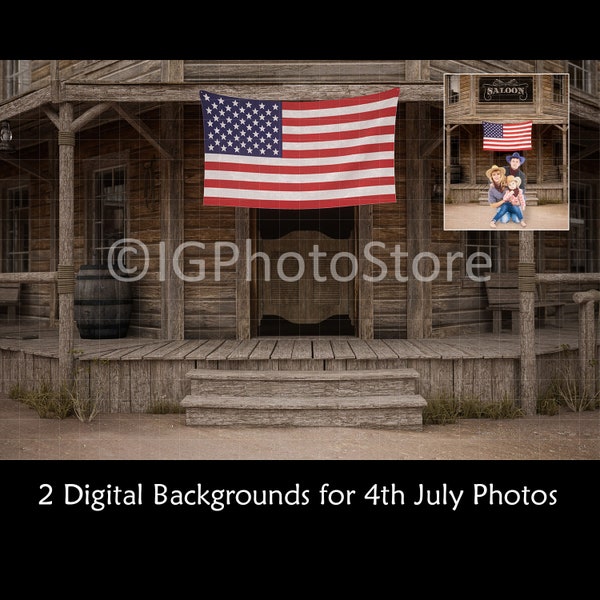 4th July Photoshoot Digital Backdrop, Independence Day Family Portrait Photo Backdrop, Wild West Saloon with American Flag