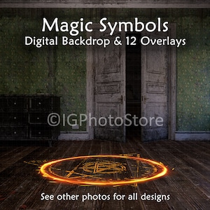 Pode incluir: Um cenário digital de uma sala com papel de parede verde, uma cômoda e uma porta. Um círculo laranja brilhante com um símbolo dentro está no chão de madeira. O texto "Magic Symbols Digital Backdrop & 12 Overlays" está no topo da imagem. O texto "See other photos for all designs" está na parte inferior da imagem.