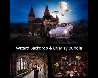 Wizard Digital Backdrop & Overlay Bundle, Digital Backgrounds, Bargain Bundle, Wizarding Composite Photography Set, Flying Car, Flying Books