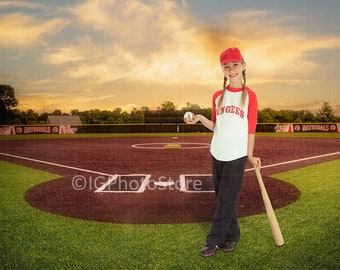 Baseball Field at Sunset Digital Backdrop, Softball Portrait Digital Background, Sports Photography Backgrounds