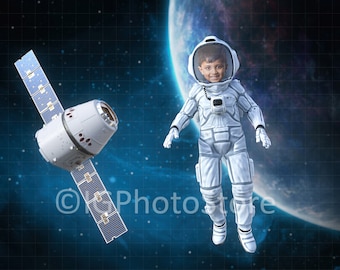 May include: A young astronaut in a white spacesuit floats in space with a planet in the background. A white spacecraft with solar panels is in the foreground.
