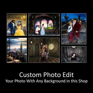 May include: A collage of six images showing different backdrops for photo editing. The backdrops include a castle, a city skyline, a steampunk scene, a pirate ship, a forest scene, and a throne room.