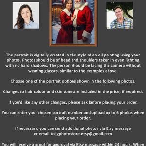 May include: A framed digital oil painting portrait of a couple dressed as Santa Claus and Mrs. Claus, with examples of other portrait options. The text describes the process, including photo requirements, customization options, and how to order.
