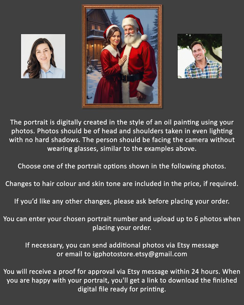 May include: A framed digital oil painting portrait of a couple dressed as Santa Claus and Mrs. Claus, with examples of other portrait options. The text describes the process, including photo requirements, customization options, and how to order.