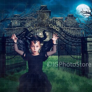 Creepy Haunted House Halloween Digital Backdrop, Haunted House Gates Digital Background for Halloween Composite Photos, Spooky Fall Backdrop