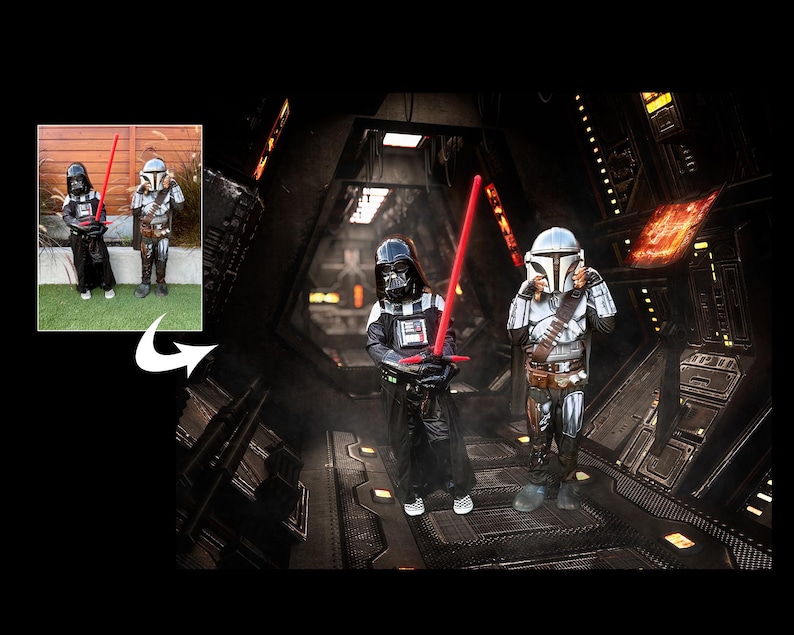 May include: Two children dressed as Star Wars characters, Darth Vader and The Mandalorian, stand in a dark, futuristic setting. The child dressed as Darth Vader holds a red lightsaber.