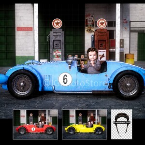 ガソリンスタンドのビンテージレーシングカーのデジタル背景バンドル、赤ちゃん、子供、大人の合成ポートレート写真用の古い車のデジタル背景