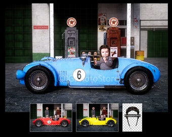 Vintage Racing Car at Gas Station Digital Backdrop Bundle, Old Car Digital Backgrounds for Baby, Child or Adult Composite Portrait Photos