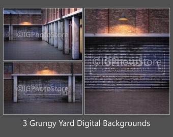 3 arrière-plans numériques Grungy Urban Yard, Backstreet City Garage Backdrops pour les personnes âgées, les cosplayers, la photographie de portrait de modèle de mode
