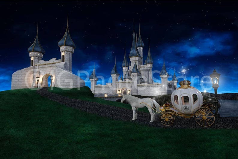 May include: A white horse-drawn carriage with a white and gold design, pulled by a white horse, is parked in front of a white castle with blue towers under a starry night sky.