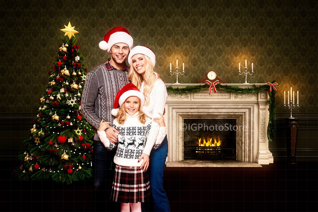 Victorian Christmas Fireplace Digital Backdrop, Family Holiday Portrait ...
