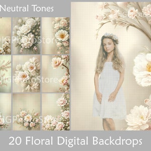 Floral Digital Backdrops, Fine Art Floral Backgrounds, Portrait Photography, Flower Texture Overlays, Neutral Colours