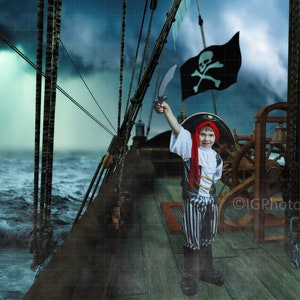 Pirate Ship Digital Backdrop, Pirate Ship on Stormy Sea Digital Background, Ships Deck with Ocean Background, Composite Portrait Photography