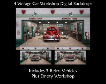Vintage Auto Shop Digital Backdrop, Retro Car Photography (Digital Download)