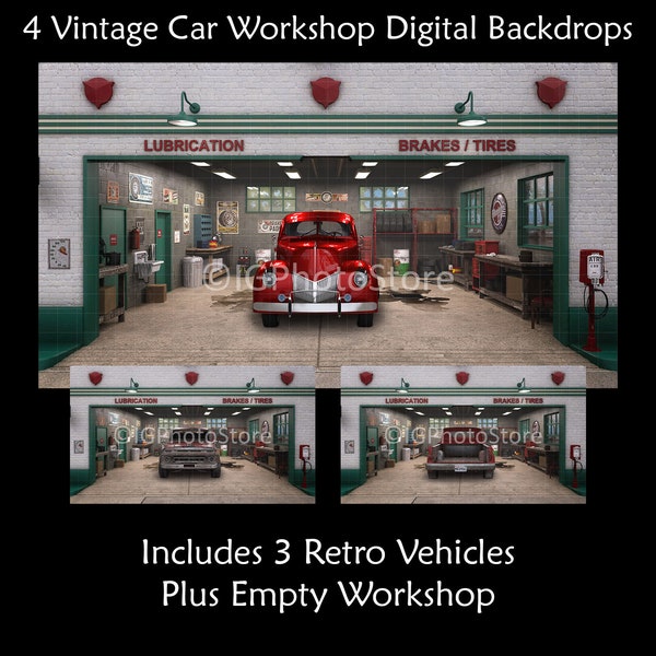 Retro Car Workshop Digital Backdrops, Vintage Service Station Auto Shop Digital Background for Composite Photography