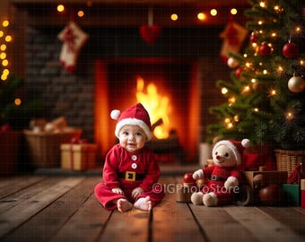Fireside Christmas Digital Backdrop for Kids Photos, Rustic Festive Holiday Background for Baby or Child