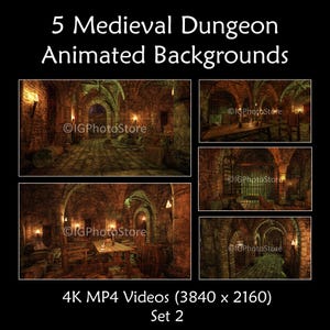May include: Five animated 4K MP4 video backgrounds of a medieval dungeon with stone walls, arches, and flickering torches. The videos are 3840 x 2160 pixels and are part of a set of two.
