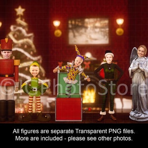 Puede incluir: Un conjunto de cinco figuras con temática navideña, que incluyen un cascanueces, un payaso saltarín, un ángel y dos duendes. Las figuras están todas de pie sobre una superficie de madera frente a una pared de ladrillo rojo.