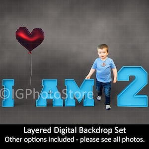 2nd Birthday Layered Digital Backdrop Set, Two Year Old Digital Backdrops, Second Birthday Digital Studio Prop for Composite Portraits