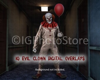 10 Evil Clown Overlays, Halloween Overlay for Digital Backdrop, Transparent PNG, Scary Clowns, Horror Movie Clipart