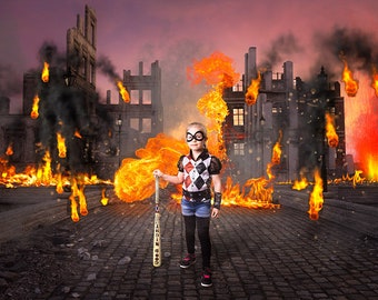Superhero Digital Background, Cosplay Digital Backdrop, Super Heroes Backdrop, Ruins, War Zone, Battle Ground Background