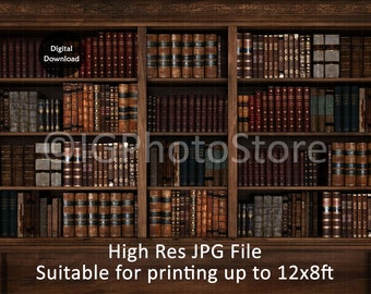 May include: A digital download of a high-resolution image of a wooden bookshelf filled with leather-bound books. The bookshelf is suitable for printing up to 12x8 feet.