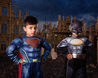 Digitale achtergrond, superheld achtergrond, cosplay digitale achtergrond, superheld cosplay achtergrond, oorlogszone achtergrond met regenoverlay