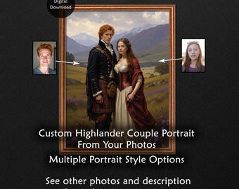 Custom Highlander Couple Portrait From Your Photos, Personalized Scottish Art (Digital Download)