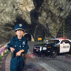 Police Car on Mountain Road Digital Background, Cop Car Road Block Digital Backdrop, Policeman Portrait Background