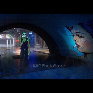 Grungy City Street at Night Digital Backdrop, Urban Tunnel with Graffiti Digital Background for Cosplay Photoshoots and Portrait Photography