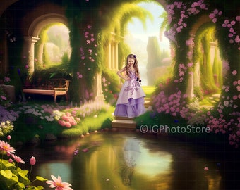 Secret Garden Digital Backdrop, Fantasy Painterly Flower Garden Pond Background for Composite Portrait Photography, Photoshop Backdrop