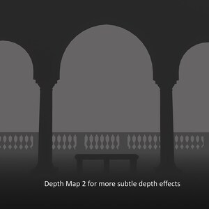 May include: A black and white depth map image of a three-arched hallway with a bench in the center. The text "Depth Map 2 for more subtle depth effects" is at the bottom of the image.