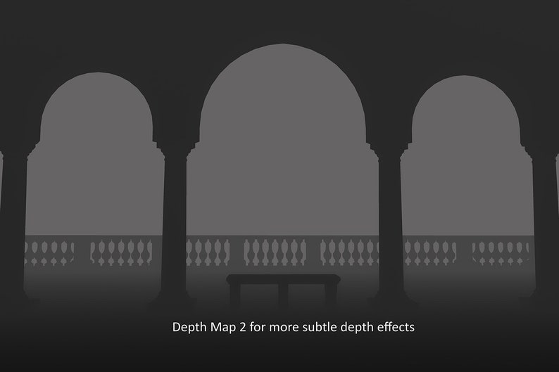 May include: A black and white depth map image of a three-arched hallway with a bench in the center. The text "Depth Map 2 for more subtle depth effects" is at the bottom of the image.