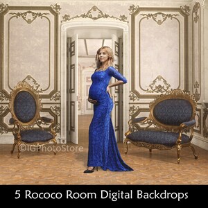 May include: A woman in a blue dress stands in a rococo-style room with two ornate chairs. The room has gold trim and white walls. The woman is looking at the camera.