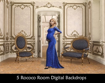 Vintage Fine Art Portrait Digital Backdrops, Rococo Rooms, Maternity or Bridal Composite Photography Backgrounds